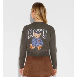 Grayson Threads NYC Teddy Bear Graphic Cardigan Sweater Gray Women Large